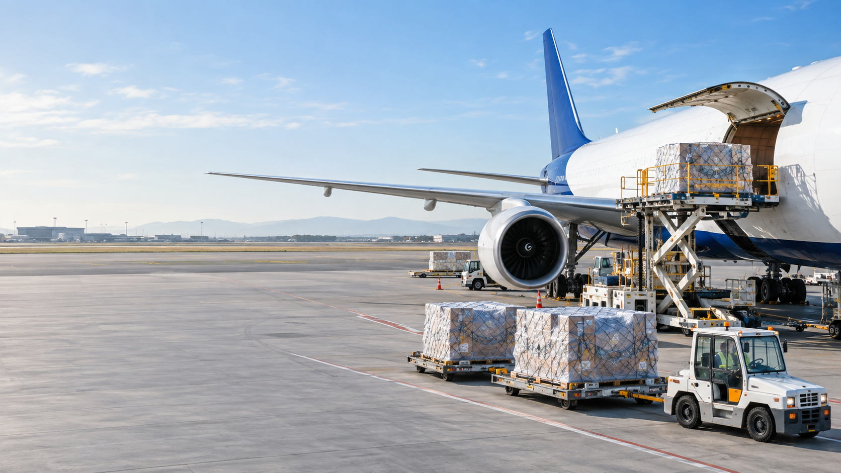 Cargo aircraft being loaded with palletised freight